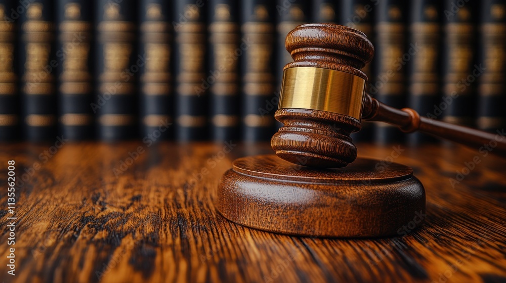 A wooden gavel with a gold band rests on a wooden block, with a row of law books in the background. A wooden gavel with a gold band rests on a wooden block, with a row of law books in the background.