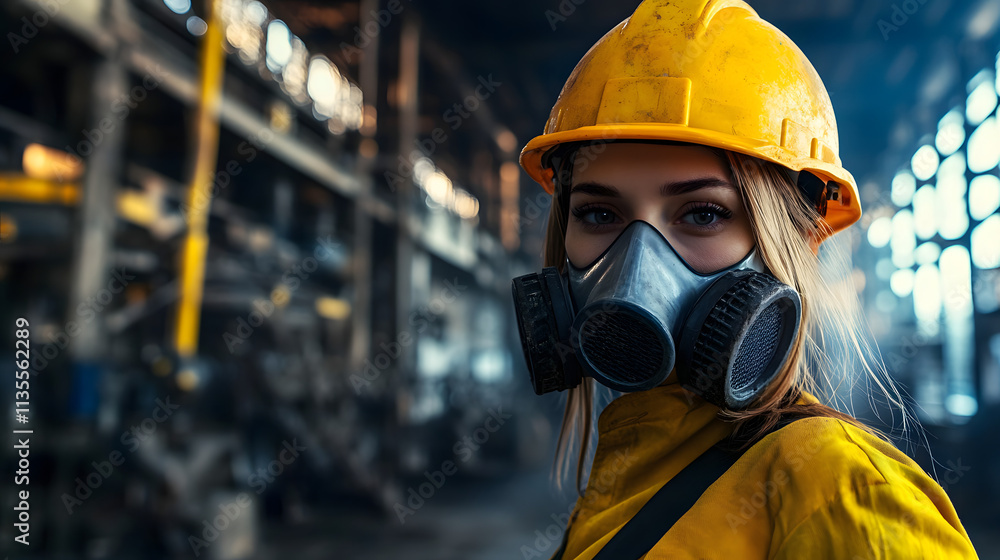 A woman adorned in a vibrant yellow helmet and protective gas mask stands confidently in a hazardous work environment. Her sturdy attire hints at the dangerous nature of her surroundings. A woman adorned in a vibrant yellow helmet and protective gas mask stands confidently in a hazardous work environment. Her sturdy attire hints at the dangerous nature of her surroundings.