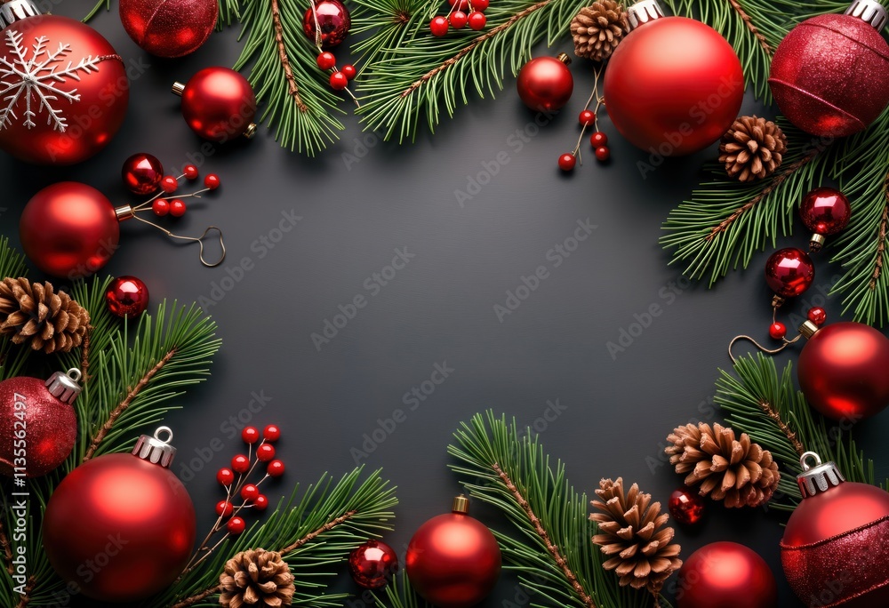 Top view of festive Christmas decorations. Red ornaments, pine branches arranged in border on dark gray background. Pine needles, cones with small red berries included. Classic winter holiday decor Top view of festive Christmas decorations. Red ornaments, pine branches arranged in border on dark gray background. Pine needles, cones with small red berries included. Classic winter holiday decor
