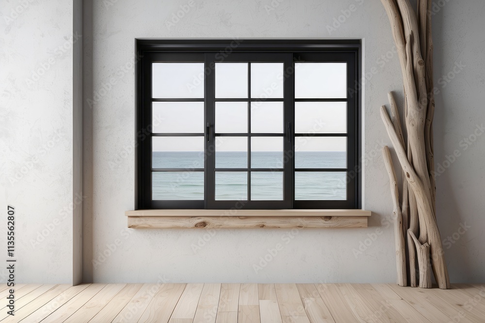 Fototapeta premium Empty home interior, minimalist black window, Driftwood wall background