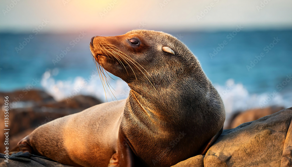 Fototapeta premium Serene Sea Lion Resting on Coastal Rocks