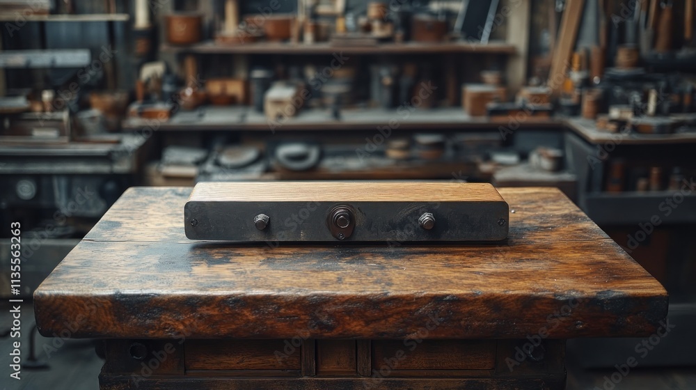 A black metal plate with two knobs sits on a wooden workbench in a workshop with tools and other items in the background. A black metal plate with two knobs sits on a wooden workbench in a workshop with tools and other items in the background.