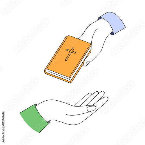 Hands exchanging a religious book with a cross symbol in a respectful manner copy space
