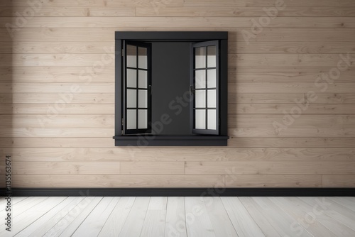 Empty home interior, minimalist black window, Driftwood wall background photo