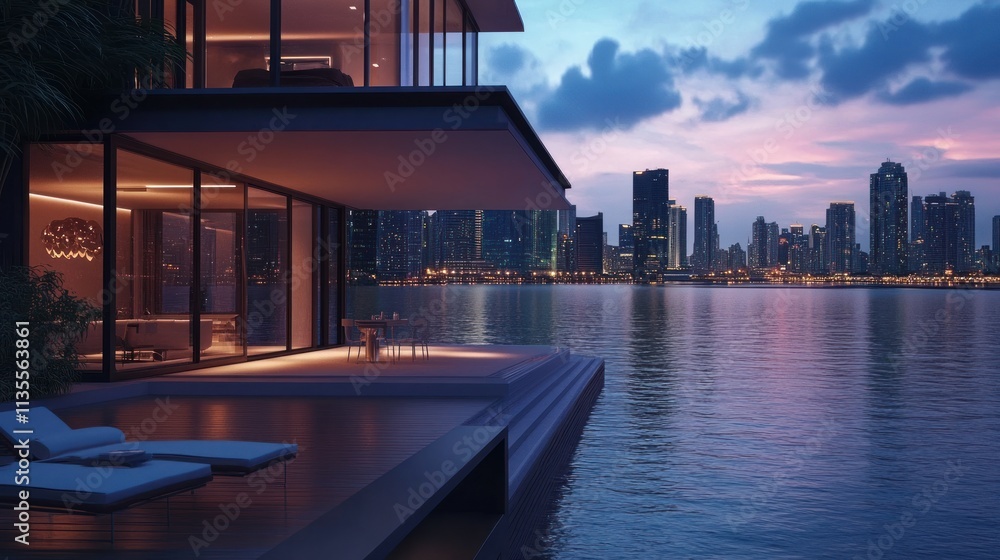 Fototapeta premium Luxury Waterfront Residence at Dusk: Breathtaking Cityscape Views