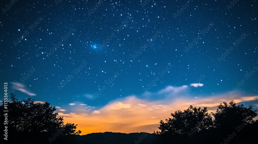 Starry night sky over serene landscape at dusk. Starry night sky over serene landscape at dusk.