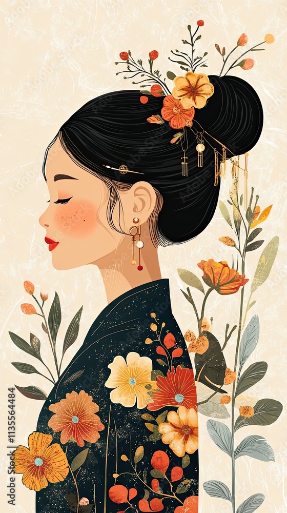 Fototapeta premium Elegant Woman Adorned With Floral Hairpiece And Kimono