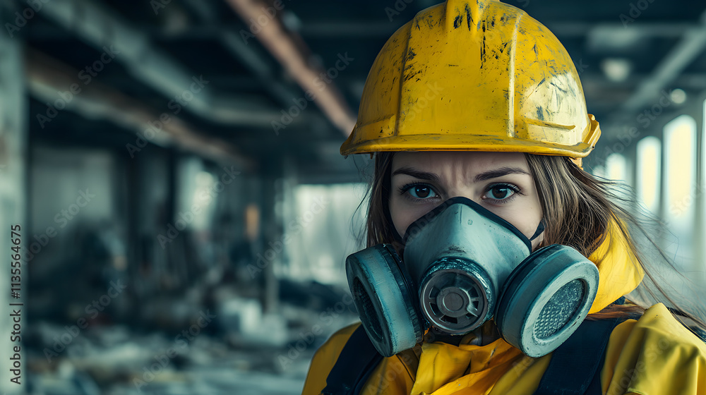 A woman adorned in a vibrant yellow helmet and protective gas mask stands confidently in a hazardous work environment. Her sturdy attire hints at the dangerous nature of her surroundings. A woman adorned in a vibrant yellow helmet and protective gas mask stands confidently in a hazardous work environment. Her sturdy attire hints at the dangerous nature of her surroundings.