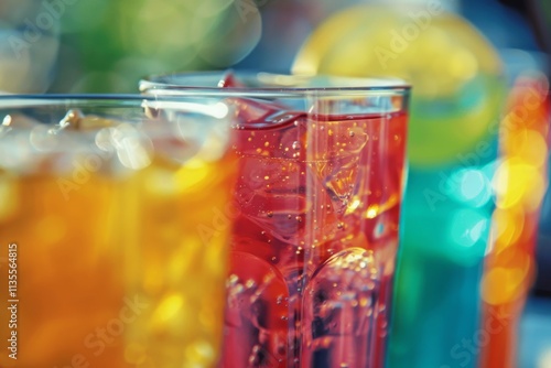 Colorful Assortment of Refreshing Soft Drinks in Clear Glasses with Bubbles and Vibrant Background for Summer Parties, Celebrations, and Outdoor Events