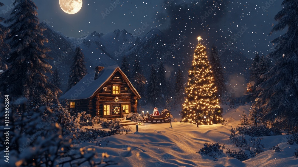 Fototapeta premium A charming winter landscape featuring a snow-covered cabin surrounded by glittering pine trees, a Christmas tree shining brightly, and sleigh silhouetted against a glowing full moon.
