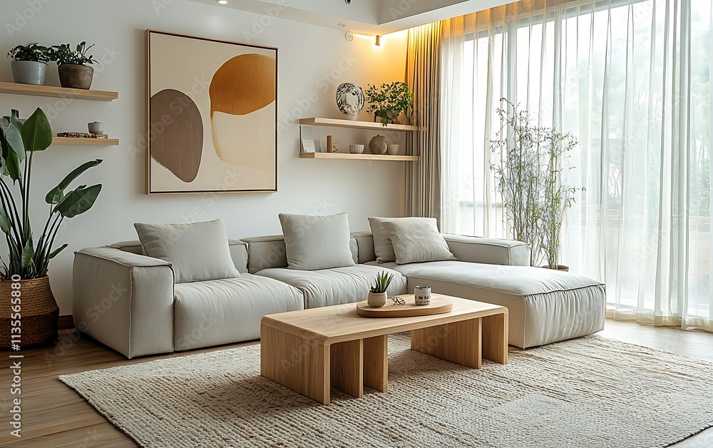 Fototapeta premium Modern living room with beige sectional sofa, wooden coffee table, and abstract art.