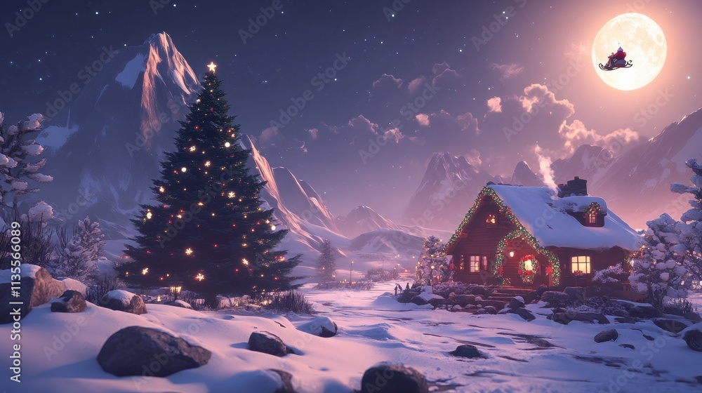 Fototapeta premium A serene winter landscape with snow-covered mountains, a cozy house adorned with glowing Christmas lights, a decorated tree, and Santa flying across the moonlit sky on his sleigh.