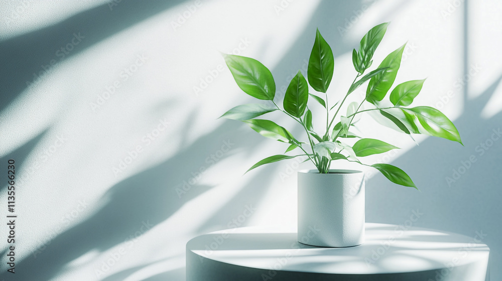 Lively green plant in minimalist pot on table with soft shadows in a bright room