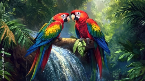 Wallpaper Mural Two parrots with rainbow-colored feathers perched near a waterfall, their vibrant hues contrasting with the deep greens of the jungle. Torontodigital.ca