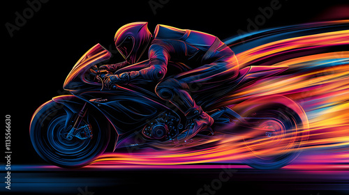 Night Rider: A vibrant illustration of a motorcyclist speeding through the night,  leaving a trail of colorful motion blur. photo