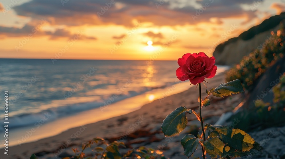 Single Red Rose Sunset Beach Ocean View Single Red Rose Sunset Beach Ocean View
