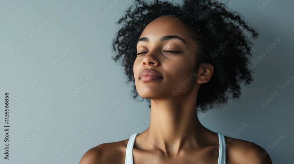Calm and Peaceful Woman with Closed Eyes Enjoying Tranquility Against a Soft Gray Background Calm and Peaceful Woman with Closed Eyes Enjoying Tranquility Against a Soft Gray Background