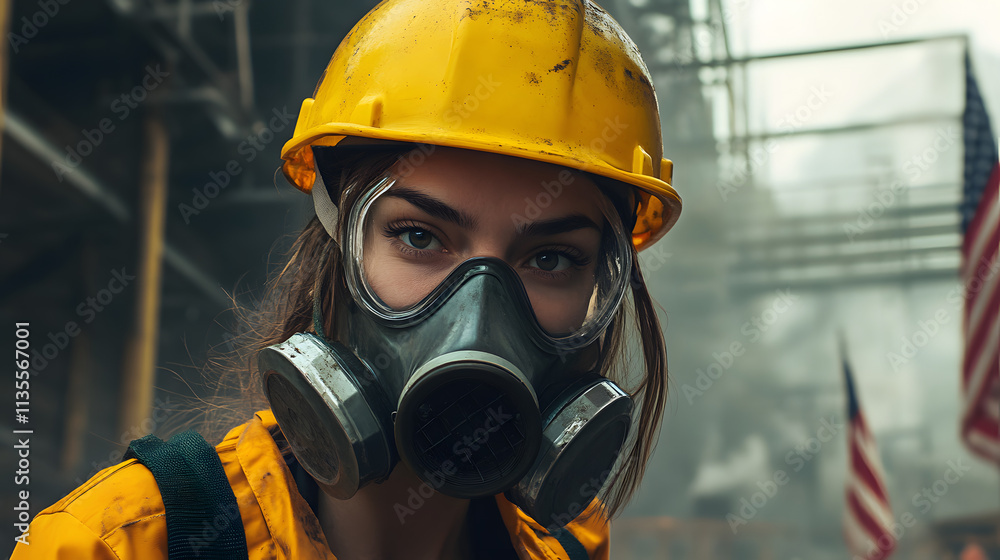 A woman adorned in a vibrant yellow helmet and protective gas mask stands confidently in a hazardous work environment. Her sturdy attire hints at the dangerous nature of her surroundings. A woman adorned in a vibrant yellow helmet and protective gas mask stands confidently in a hazardous work environment. Her sturdy attire hints at the dangerous nature of her surroundings.