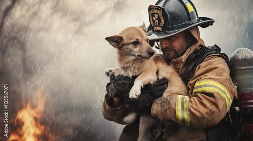 Brave firefighter rescuing a small dog amidst smoke and flames in a dramatic rescue scene during wildfire event