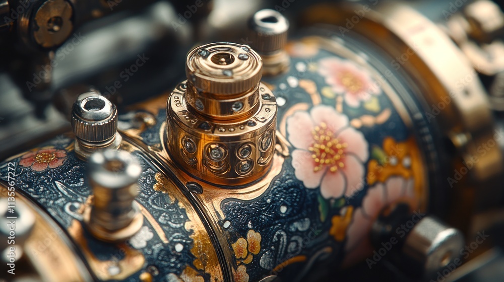 A close-up shot of a golden, intricately detailed, floral-patterned, steampunk-style device. A close-up shot of a golden, intricately detailed, floral-patterned, steampunk-style device.