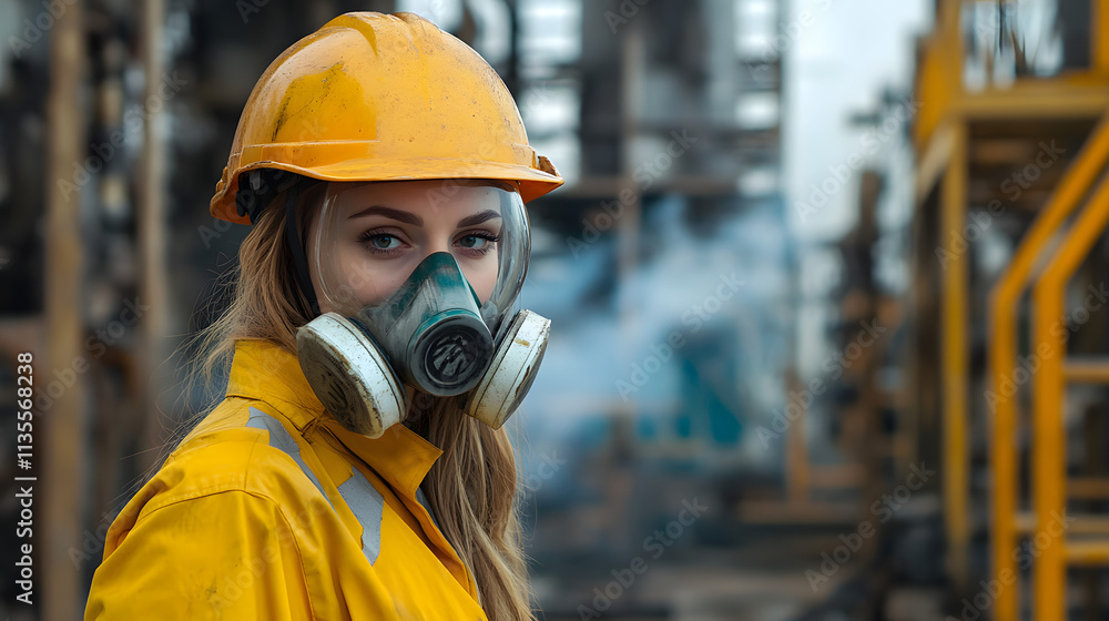 A woman adorned in a vibrant yellow helmet and protective gas mask stands confidently in a hazardous work environment. Her sturdy attire hints at the dangerous nature of her surroundings. A woman adorned in a vibrant yellow helmet and protective gas mask stands confidently in a hazardous work environment. Her sturdy attire hints at the dangerous nature of her surroundings.