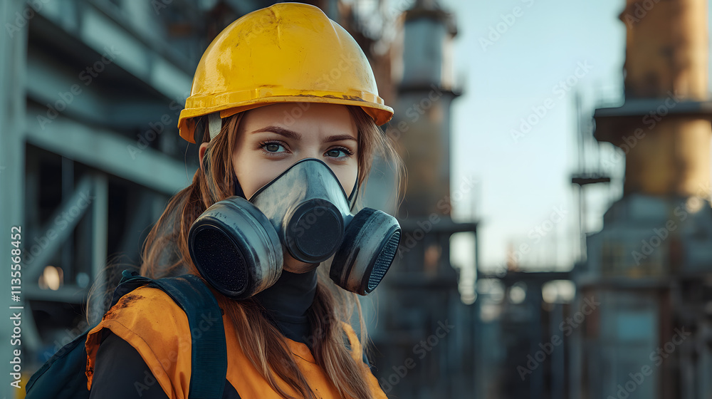 A woman adorned in a vibrant yellow helmet and protective gas mask stands confidently in a hazardous work environment. Her sturdy attire hints at the dangerous nature of her surroundings. A woman adorned in a vibrant yellow helmet and protective gas mask stands confidently in a hazardous work environment. Her sturdy attire hints at the dangerous nature of her surroundings.