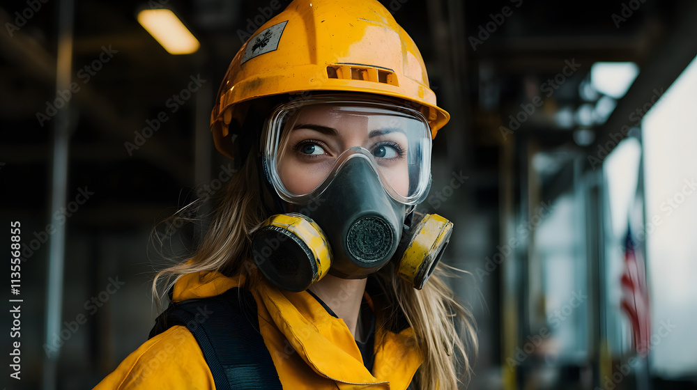 A woman adorned in a vibrant yellow helmet and protective gas mask stands confidently in a hazardous work environment. Her sturdy attire hints at the dangerous nature of her surroundings. A woman adorned in a vibrant yellow helmet and protective gas mask stands confidently in a hazardous work environment. Her sturdy attire hints at the dangerous nature of her surroundings.