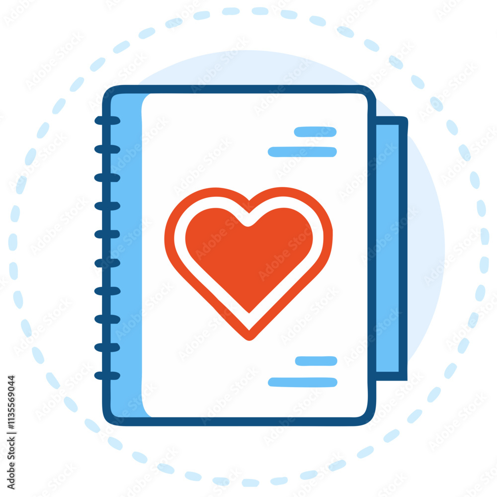 Notebook with a heart illustration on the cover in a cheerful design copy space Notebook with a heart illustration on the cover in a cheerful design copy space