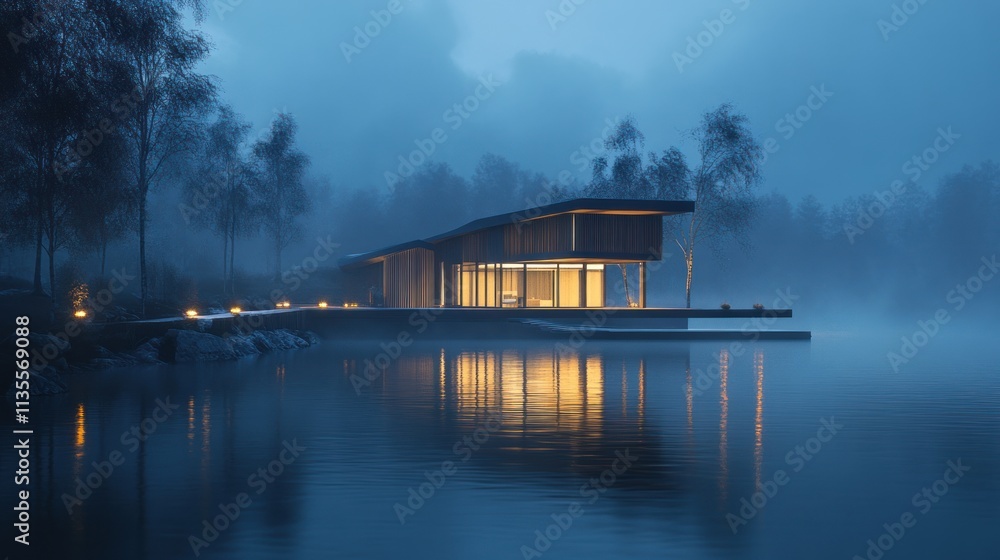 Obraz premium Serene Lakeside Villa at Dusk: A Modern Architectural Masterpiece