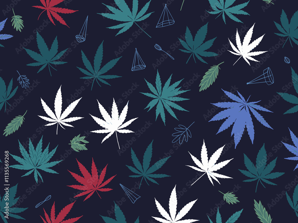 Colorful illustration of cannabis leaves in various shapes and sizes on a dark background Colorful illustration of cannabis leaves in various shapes and sizes on a dark background
