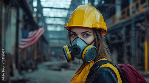 A woman adorned in a vibrant yellow helmet and protective gas mask stands confidently in a hazardous work environment. Her sturdy attire hints at the dangerous nature of her surroundings.