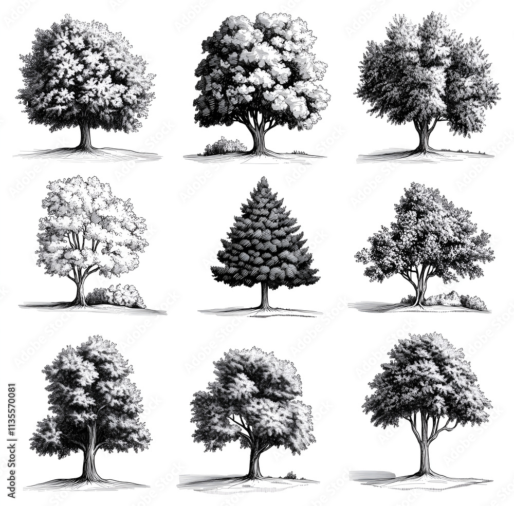 collection of trees drawn in black ink on white background collection of trees drawn in black ink on white background