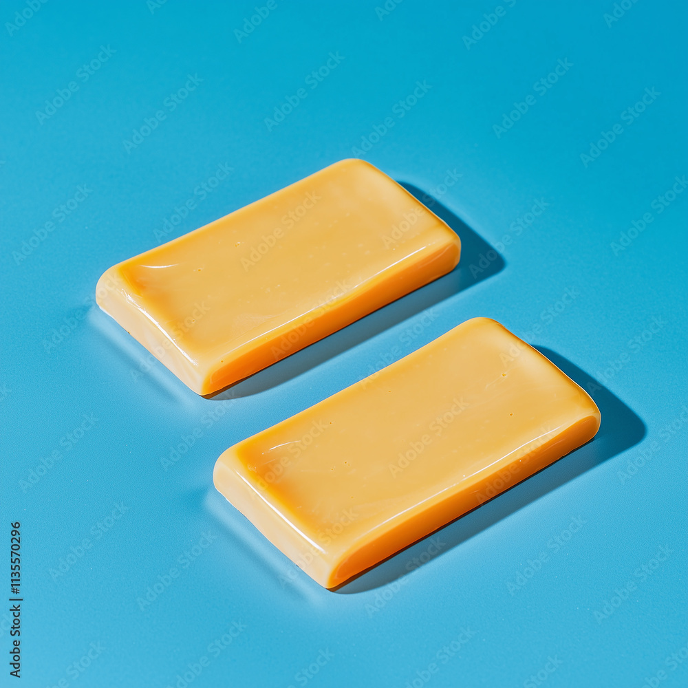 Sliced cheese rests on a light blue background. Close-up
Sliced cheese rests on a light blue background. Close-up