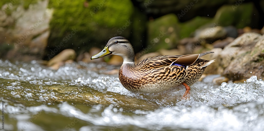 Fototapeta premium A duck wades through a stream, creating ripples in the water.