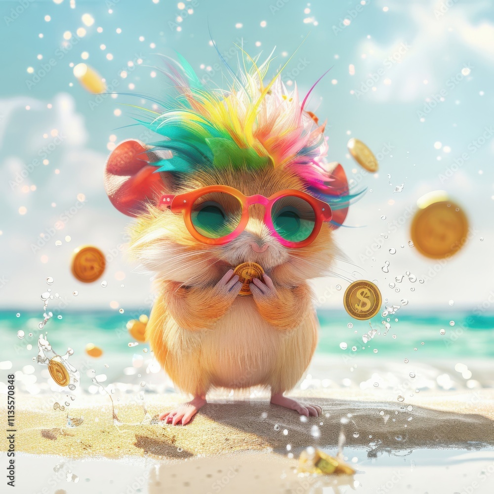 Cute funny hamster with colorful hair enjoying a sunny day at the beach while playing with coins Cute funny hamster with colorful hair enjoying a sunny day at the beach while playing with coins