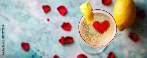 French 75. A Valentine French 75 with champagne bubbles, garnished with a heart shaped lemon twist and rose petals photo