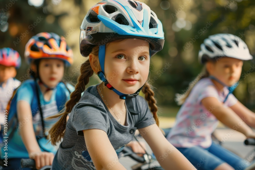 Children Wearing Helmets, Riding Bicycles Together in the Park, Enjoying Active Leisure Children Wearing Helmets, Riding Bicycles Together in the Park, Enjoying Active Leisure