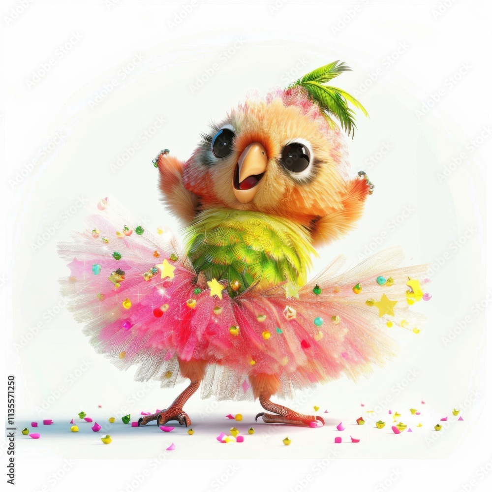 Fototapeta premium Cute funny parrot dances joyfully in a pink ballerina tutu with colorful confetti around