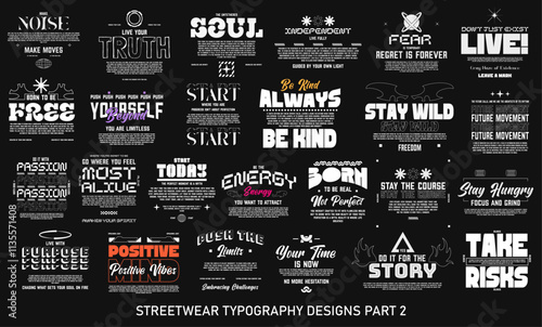 Streetwear Quotes Graphic T-shirt Designs. Streetwear Typography Vector Set. Streetwear T shirt Designs Bundle. Brutalism Collection for T-shirt Print. Clothing Design Pack. Typographic Set. 