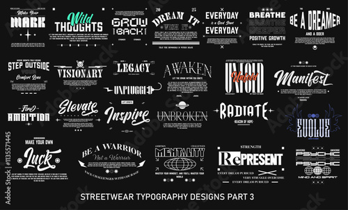 Streetwear Typography Vector Set. Streetwear Quotes Graphic T-shirt Designs, Streetwear T shirt Designs Bundle. Brutalism Collection for T-shirt Print. Clothing Design Pack. Typographic Set. 