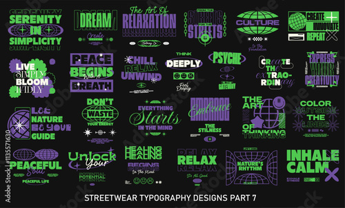 Streetwear Typography Vector Set. Streetwear Quotes Graphic T-shirt Designs, Streetwear T shirt Designs Bundle. Brutalism Collection for T-shirt Print. Clothing Design Pack. Typographic Set. 