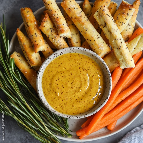 Savory snack platter with mustard dip cozy home kitchen food photography relaxed atmosphere close-up view culinary delight