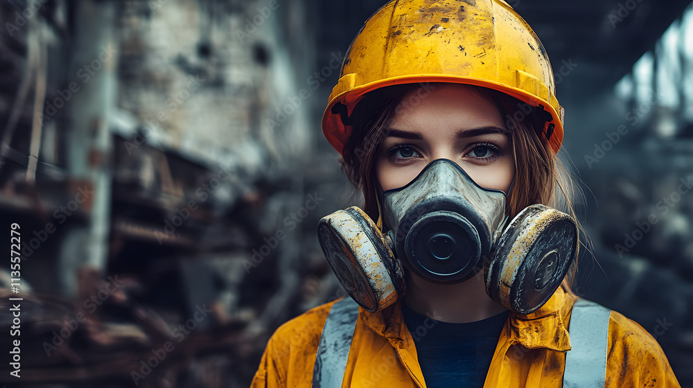 A woman adorned in a vibrant yellow helmet and protective gas mask stands confidently in a hazardous work environment. Her sturdy attire hints at the dangerous nature of her surroundings. A woman adorned in a vibrant yellow helmet and protective gas mask stands confidently in a hazardous work environment. Her sturdy attire hints at the dangerous nature of her surroundings.
