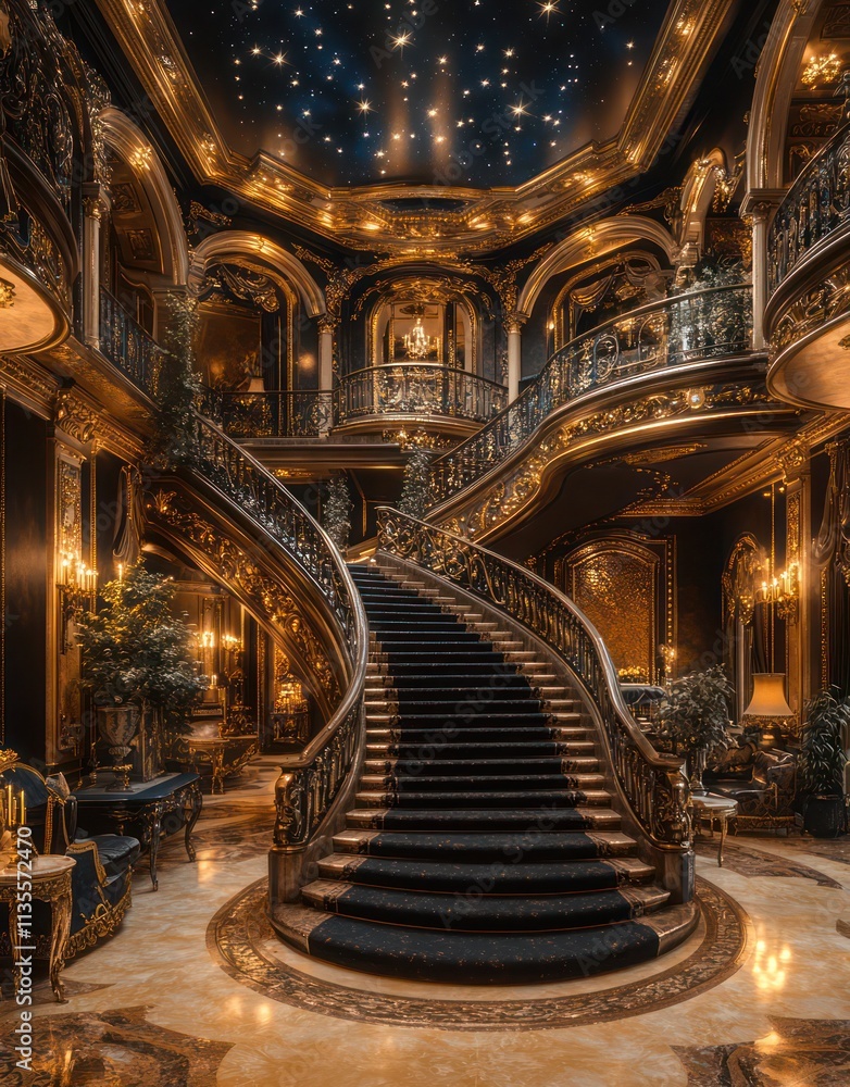 Fototapeta premium Majestic Elegance: A Lavish Mansion with Gold Accents and Celestial Charm