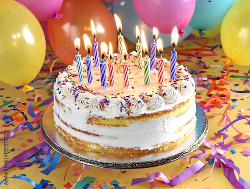 A festive birthday cake adorned with candles, surrounded by colorful balloons and confetti. photo