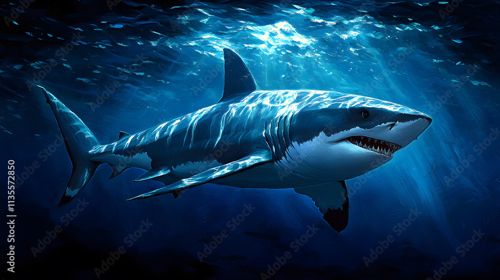 Fototapeta premium Great white shark swimming deep underwater in the ocean marine life blue environment