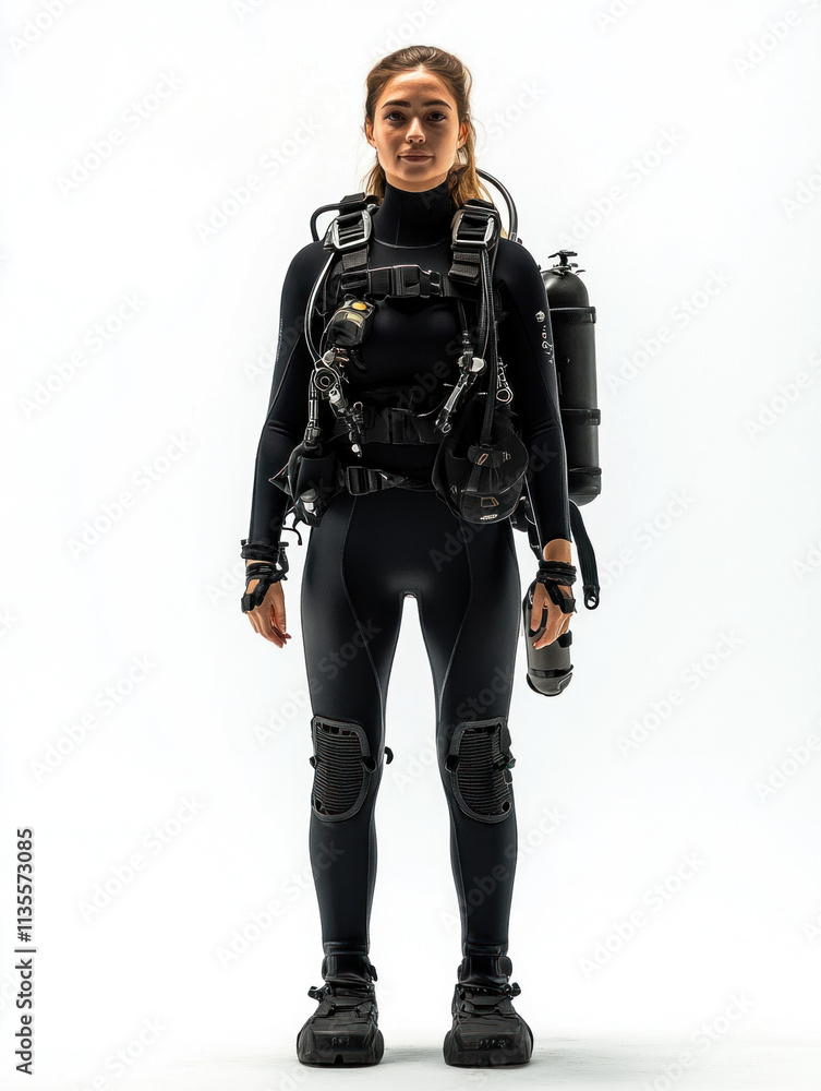 Beautiful woman scuba diver wearing black wetsuit and equipment on white background Beautiful woman scuba diver wearing black wetsuit and equipment on white background