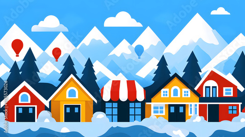 Winter village celebration with hot air balloons mountain background digital art photo