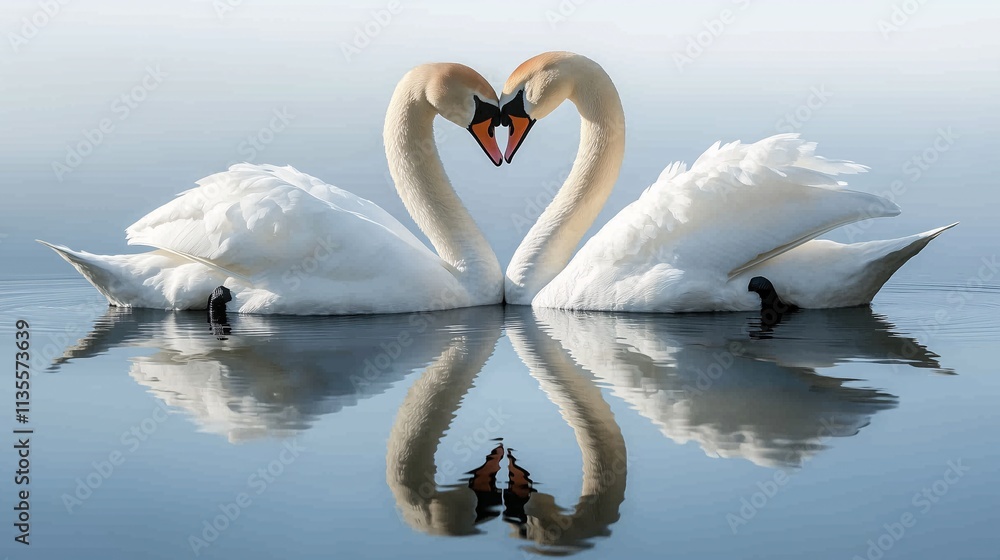 Obraz premium Two swans forming a heart shape in calm water, creating a romantic and serene scene.