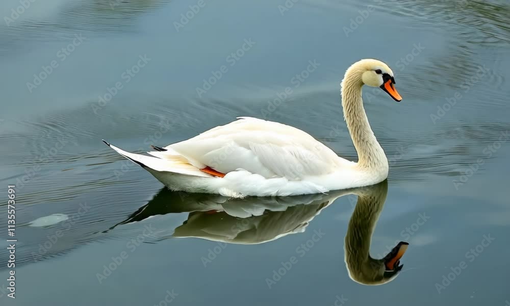 White swan on lake. Close up. Beautiful bird white orange beak on wide water. Wintering Largest flying Birds in nature habitat White swan on lake. Close up. Beautiful bird white orange beak on wide water. Wintering Largest flying Birds in nature habitat